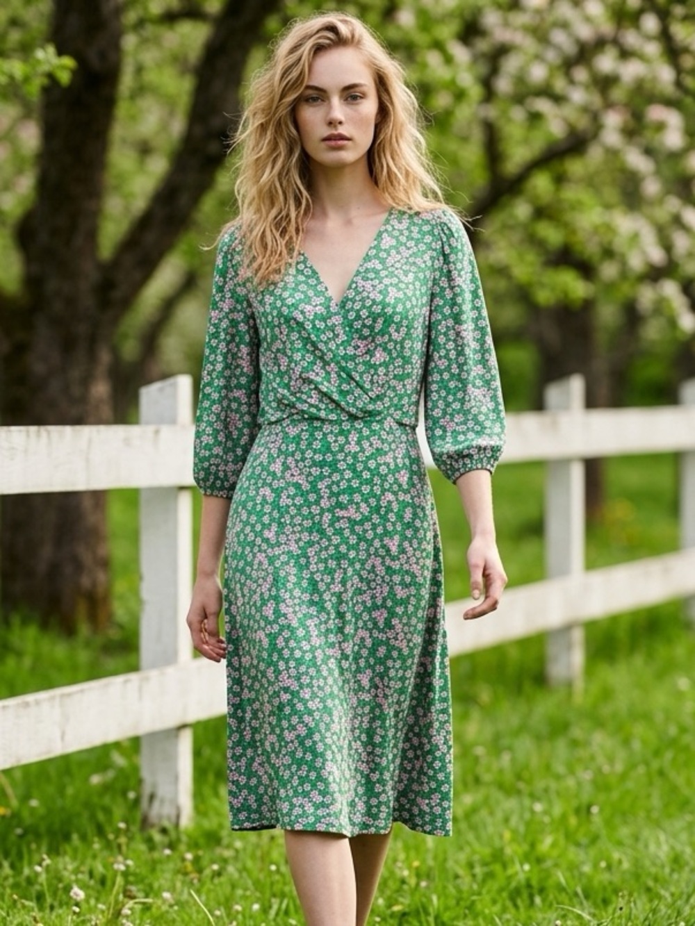 ASOS DESIGN Green Floral Twist-Front Midi Tea Dress